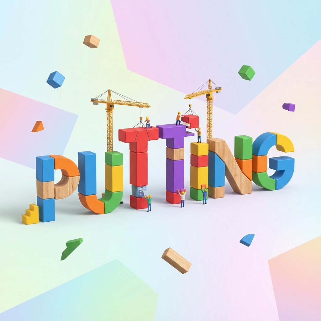 Illustration of the word PUTTING being constructed, emphasizing the double T spelling